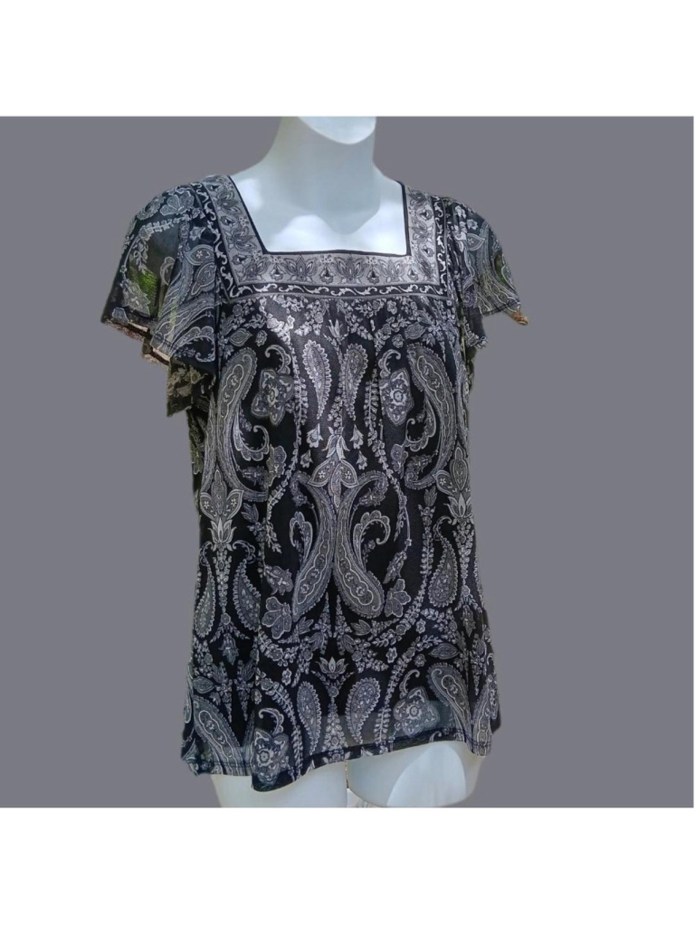 Petite Small Black White Paisley Print Square Neck Blouse Short Sleeve - Picture 2 of 3